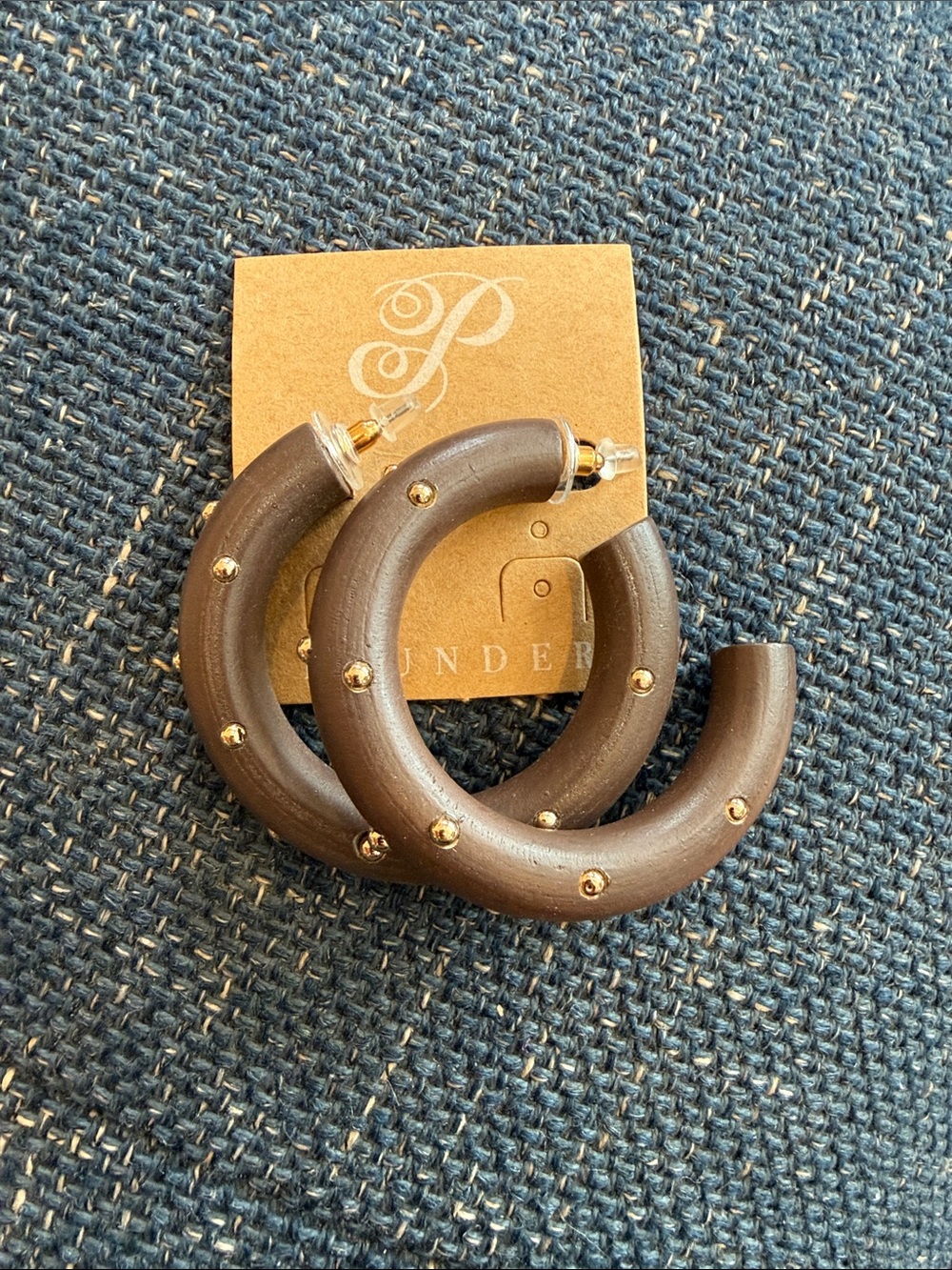 Plunder Dark Brown Wooden Hoop Earrings with Gold Studs